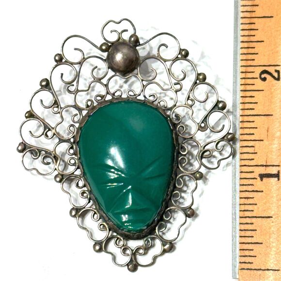 Vintage 1960s Mexico Sterling Silver Brooch Pin Green Onyx Aztec Mayan God (A3) - Picture 4 of 4